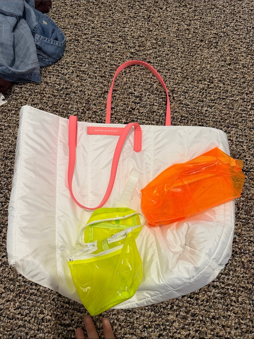 Drunk elephant tote bag and cosmetic pouches